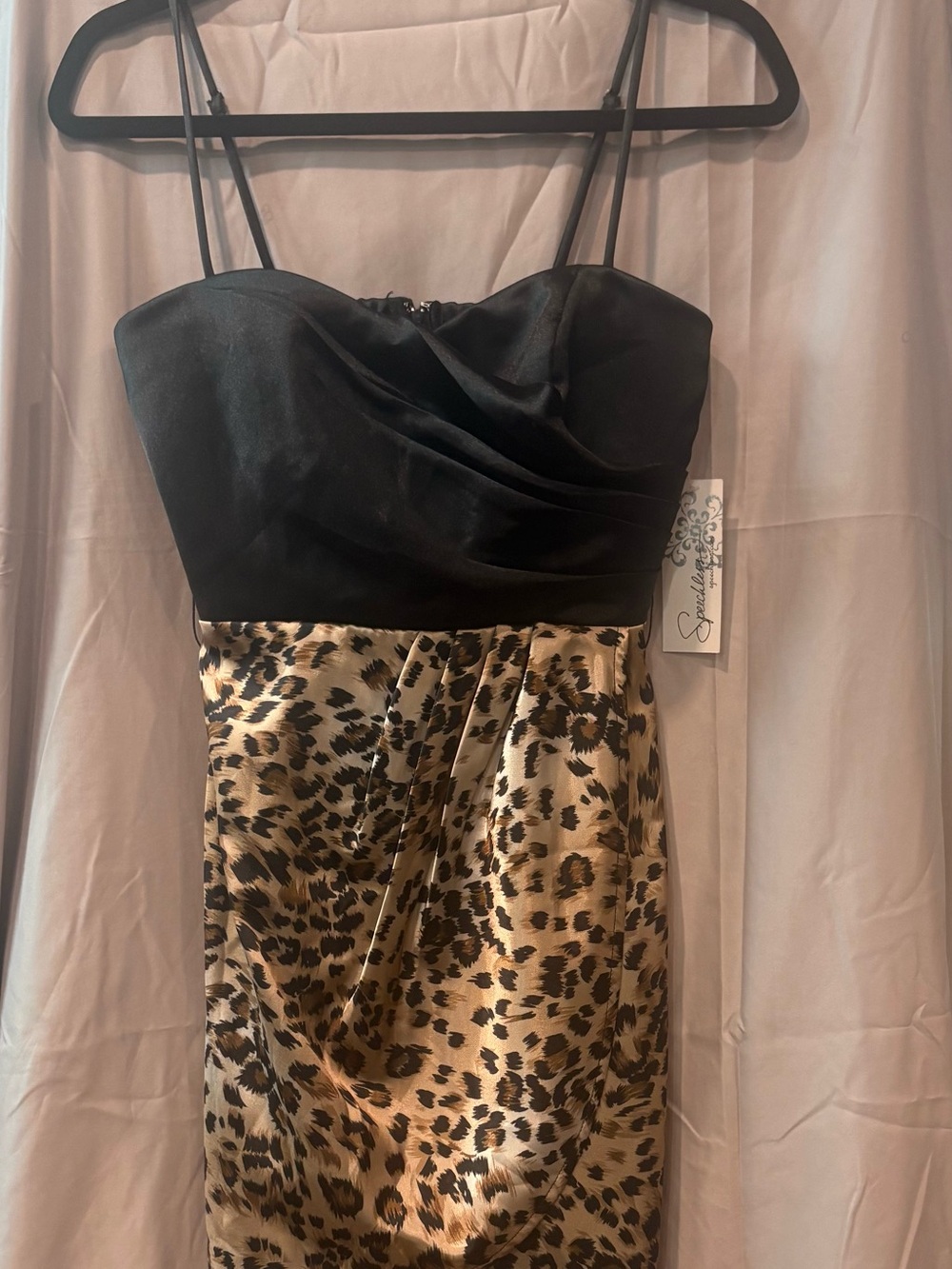 Speechless Black and Leopard Satin Strapless Midi Dress